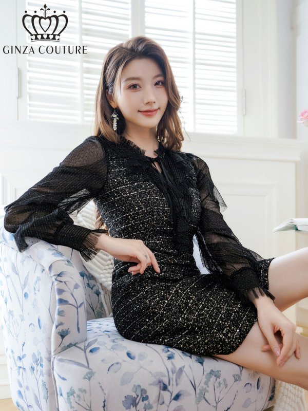 画像6: [送料無料][GINZA COUTURE]ブラック・ラメ・チュールレース・フリル・長袖・リボン・スパンコール・金糸・MIXツイード・Aライン・ミニドレス・ワンピース[即日発送][大きいサイズあり] (6)