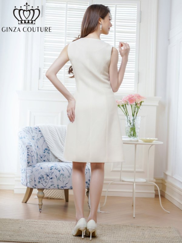画像3: [送料無料][GINZA COUTURE]アイボリー・ノースリーブ・ハニカム生地・金ボタン・ポケット・Aライン・ミディアムドレス・ワンピース[即日発送][大きいサイズあり] (3)