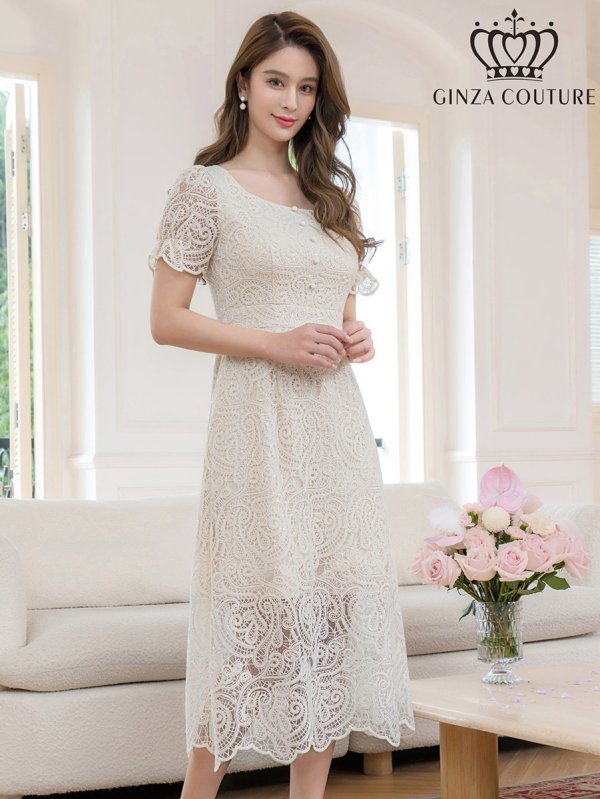 画像2: [送料無料][GINZA COUTURE]アイボリー・総レース・パフスリーブ・半袖・スパンコール・ハイウエスト・Aライン・ミディアムドレス・ワンピース[即日発送][大きいサイズあり] (2)