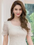 画像4: [送料無料][GINZA COUTURE]アイボリー・総レース・パフスリーブ・半袖・スパンコール・ハイウエスト・Aライン・ミディアムドレス・ワンピース[即日発送][大きいサイズあり] (4)