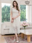 画像5: [送料無料][GINZA COUTURE]アイボリー・総レース・パフスリーブ・半袖・スパンコール・ハイウエスト・Aライン・ミディアムドレス・ワンピース[即日発送][大きいサイズあり] (5)