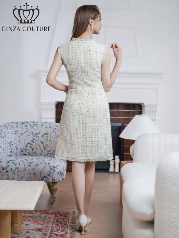 画像3: [送料無料][GINZA COUTURE]ホワイト・ノースリーブ・Aライン・フリンジ・ツイード・ポケット・シンプル・ミニドレス・ワンピース[即日発送][大きいサイズあり] (3)
