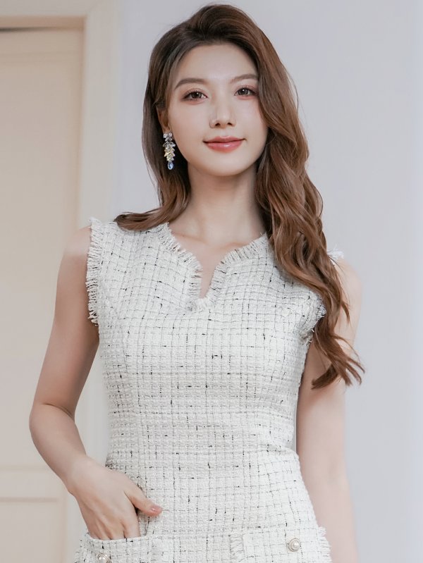 画像4: [送料無料][GINZA COUTURE]ホワイト・ノースリーブ・Aライン・フリンジ・ツイード・ポケット・シンプル・ミニドレス・ワンピース[即日発送][大きいサイズあり] (4)