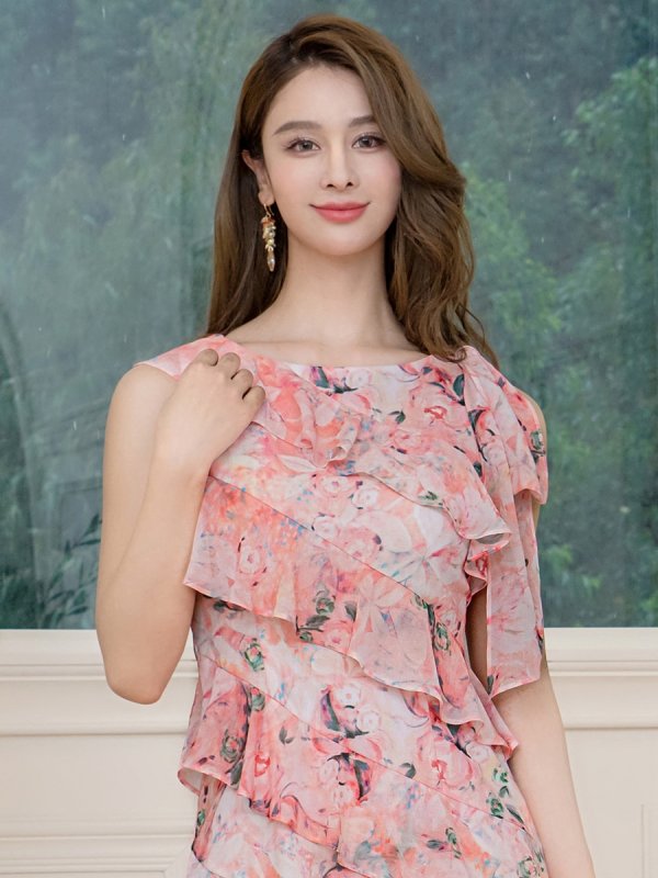 画像4: [送料無料][GINZA COUTURE]ピンク・ノースリーブ・花柄・プリント・シフォン・肩リボン・ティアード・フリル・アシンメトリー・Aライン・ミニドレス・ワンピース[即日発送][大きいサイズあり] (4)