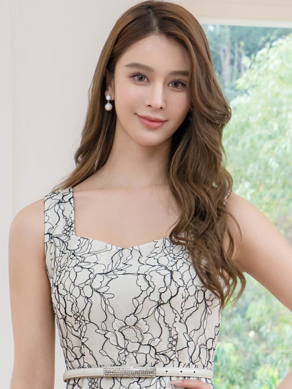 画像4: [送料無料][GINZA COUTURE]ホワイト×ブラック・レース・ベルト・Ａライン・ノースリーブ・ハイウエスト・ミディアムドレス・ワンピース[即日発送][大きいサイズあり] (4)