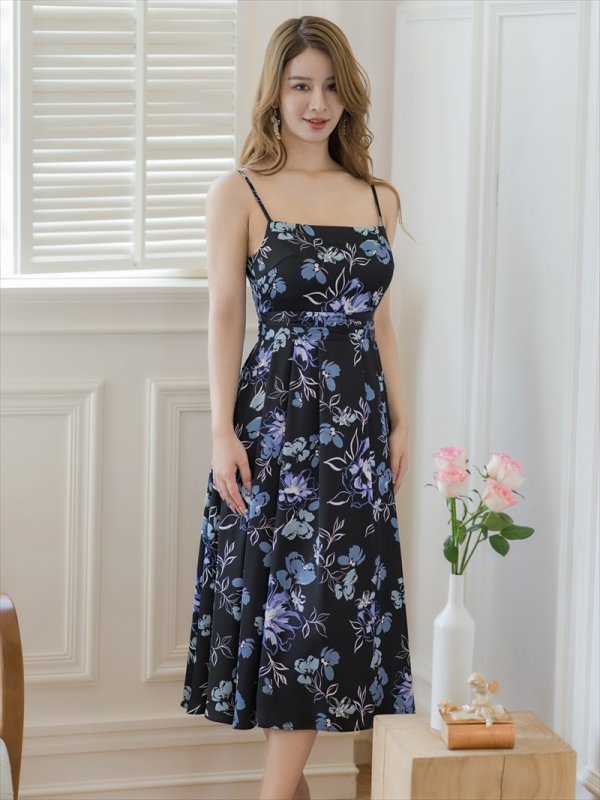 画像2: [送料無料][GINZA COUTURE]ブラック×パープル・キャミソール・サテン・プリント・花柄・タックスカート・Aライン・ミディアムドレス・ワンピース[即日発送][大きいサイズあり] (2)