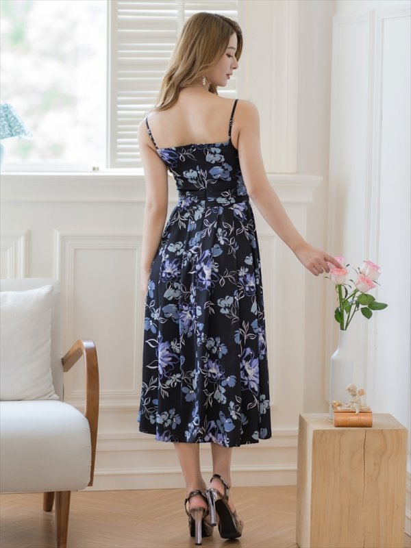 画像3: [送料無料][GINZA COUTURE]ブラック×パープル・キャミソール・サテン・プリント・花柄・タックスカート・Aライン・ミディアムドレス・ワンピース[即日発送][大きいサイズあり] (3)