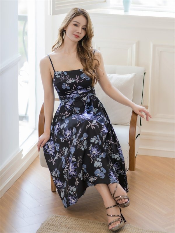 画像5: [送料無料][GINZA COUTURE]ブラック×パープル・キャミソール・サテン・プリント・花柄・タックスカート・Aライン・ミディアムドレス・ワンピース[即日発送][大きいサイズあり] (5)