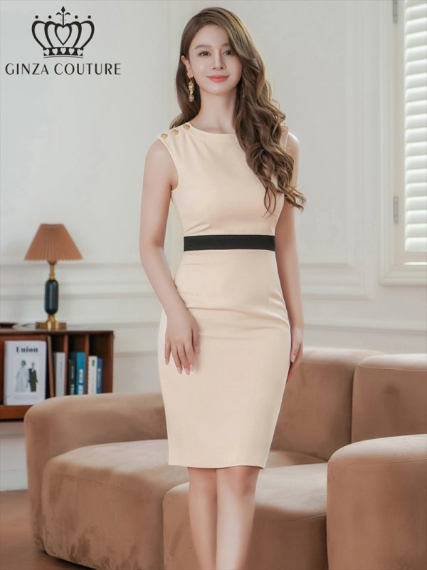 画像1: [送料無料][GINZA COUTURE]ベージュ・ノースリーブ・バイカラー・金ボタン・切替・スリット・タイト・ミディアムドレス・ワンピース[即日発送][大きいサイズあり] (1)