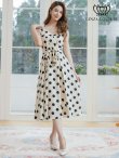 画像1: [送料無料][GINZA COUTURE]ベージュ・ブラック・ノースリーブ・サテンジャガード・花柄・ドット・リボンベルト・Aライン・ミディアムドレス・ワンピース[即日発送][大きいサイズあり] (1)