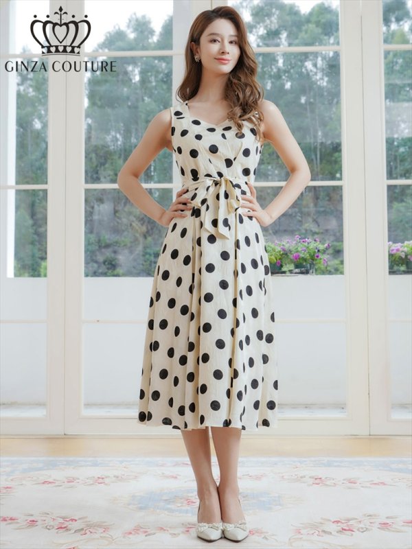 画像5: [送料無料][GINZA COUTURE]ベージュ・ブラック・ノースリーブ・サテンジャガード・花柄・ドット・リボンベルト・Aライン・ミディアムドレス・ワンピース[即日発送][大きいサイズあり] (5)