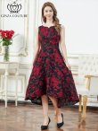 画像2: [送料無料][GINZA COUTURE]ブラック×ワインレッド・ホワイト・ジャガード・花柄・スリットネック・ノースリーブ・フィッシュテール・Aライン・ミディアムドレス・ワンピース[即日発送][大きいサイズあり] (2)