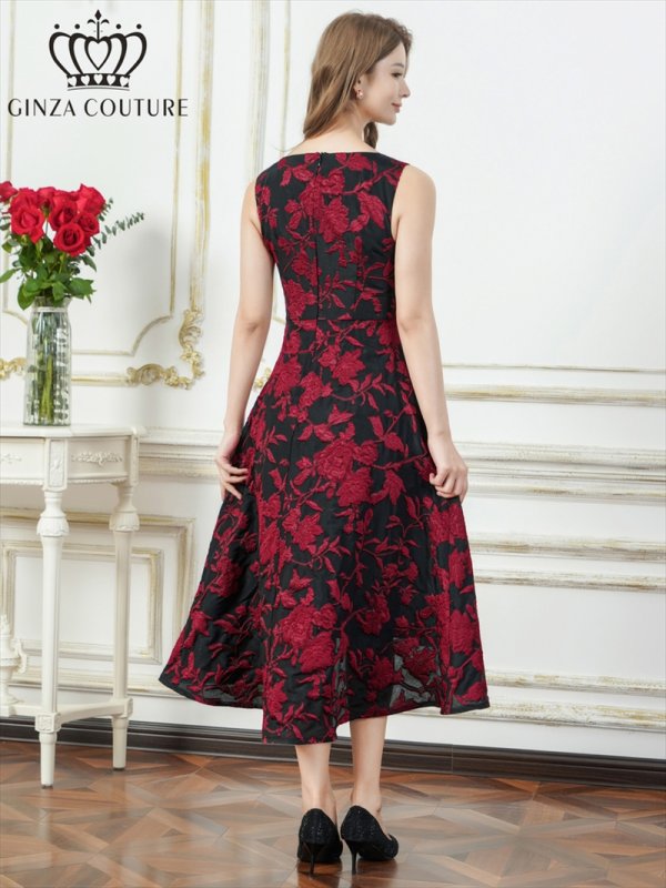 画像3: [送料無料][GINZA COUTURE]ブラック×ワインレッド・ホワイト・ジャガード・花柄・スリットネック・ノースリーブ・フィッシュテール・Aライン・ミディアムドレス・ワンピース[即日発送][大きいサイズあり] (3)
