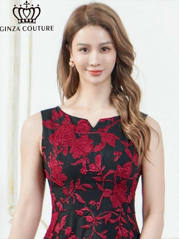 画像4: [送料無料][GINZA COUTURE]ブラック×ワインレッド・ホワイト・ジャガード・花柄・スリットネック・ノースリーブ・フィッシュテール・Aライン・ミディアムドレス・ワンピース[即日発送][大きいサイズあり] (4)