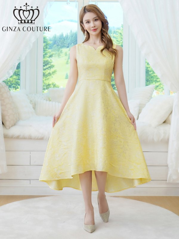 画像1: [送料無料][GINZA COUTURE]イエロー・ブラック×ワインレッド・ホワイト・ジャガード・花柄・スリットネック・フィッシュテール・Aライン・ミディアムドレス・ワンピース[即日発送][大きいサイズあり] (1)