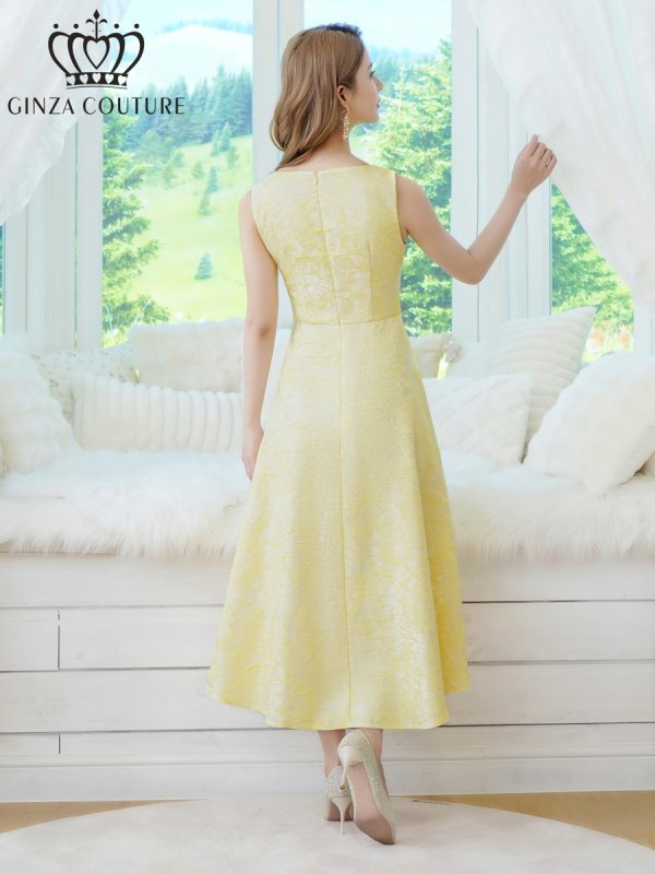 画像3: [送料無料][GINZA COUTURE]イエロー・ブラック×ワインレッド・ホワイト・ジャガード・花柄・スリットネック・フィッシュテール・Aライン・ミディアムドレス・ワンピース[即日発送][大きいサイズあり] (3)