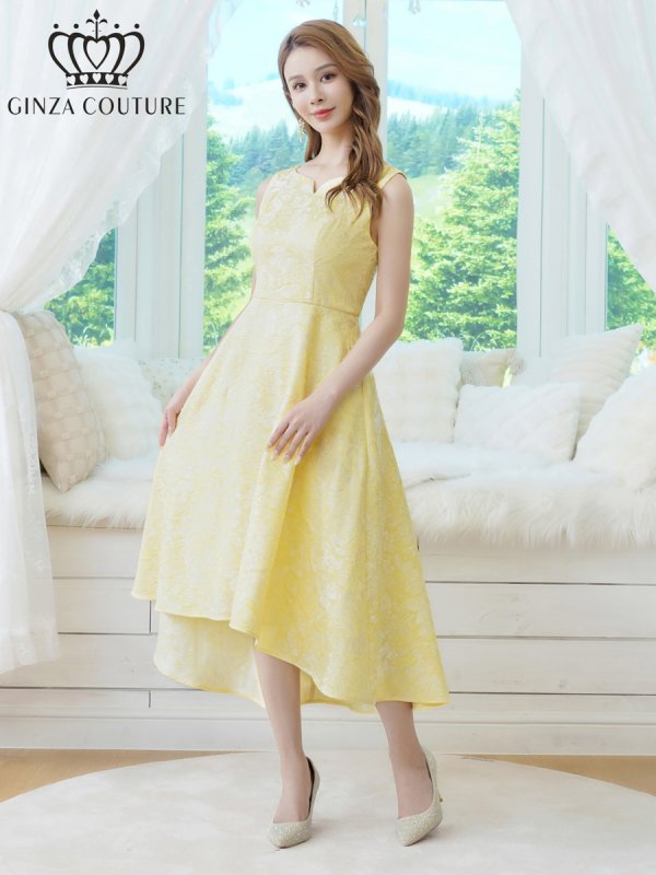 画像5: [送料無料][GINZA COUTURE]イエロー・ブラック×ワインレッド・ホワイト・ジャガード・花柄・スリットネック・フィッシュテール・Aライン・ミディアムドレス・ワンピース[即日発送][大きいサイズあり] (5)