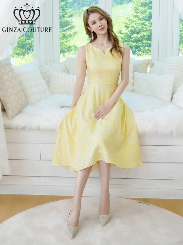 画像6: [送料無料][GINZA COUTURE]イエロー・ブラック×ワインレッド・ホワイト・ジャガード・花柄・スリットネック・フィッシュテール・Aライン・ミディアムドレス・ワンピース[即日発送][大きいサイズあり] (6)