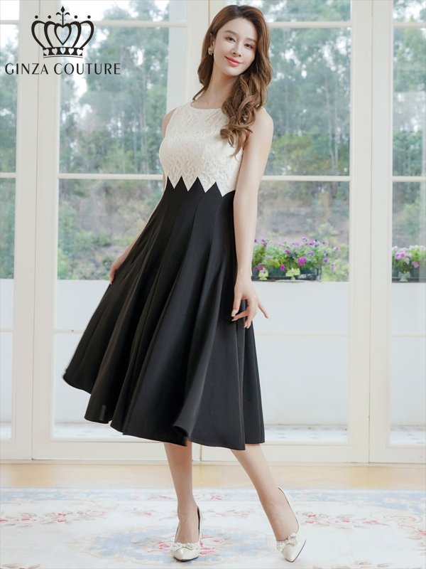 画像1: [送料無料][GINZA COUTURE]ホワイト×ブラック・バイカラー・シェブロン切替・ノースリーブ・ハイウエスト・Aライン・ミディアムドレス・ワンピース[即日発送][大きいサイズあり] (1)