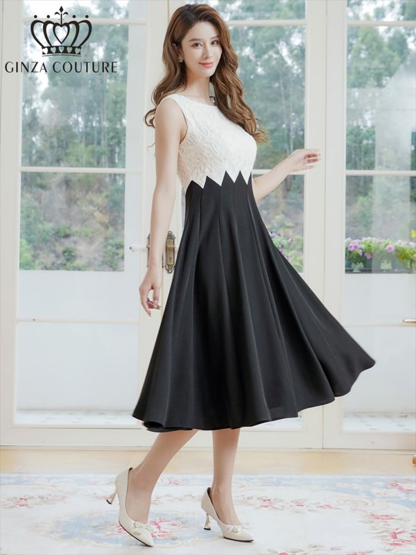 画像2: [送料無料][GINZA COUTURE]ホワイト×ブラック・バイカラー・シェブロン切替・ノースリーブ・ハイウエスト・Aライン・ミディアムドレス・ワンピース[即日発送][大きいサイズあり] (2)