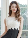 画像4: [送料無料][GINZA COUTURE]ホワイト×ブラック・バイカラー・シェブロン切替・ノースリーブ・ハイウエスト・Aライン・ミディアムドレス・ワンピース[即日発送][大きいサイズあり] (4)
