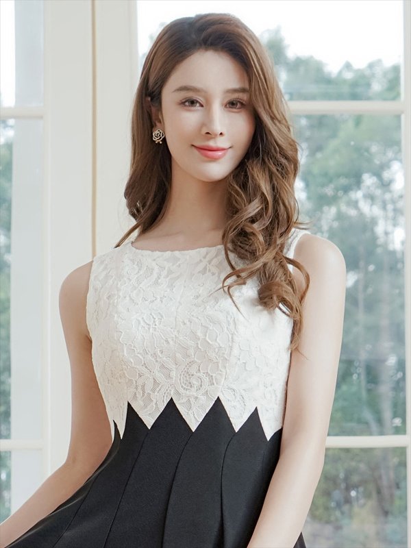 画像4: [送料無料][GINZA COUTURE]ホワイト×ブラック・バイカラー・シェブロン切替・ノースリーブ・ハイウエスト・Aライン・ミディアムドレス・ワンピース[即日発送][大きいサイズあり] (4)