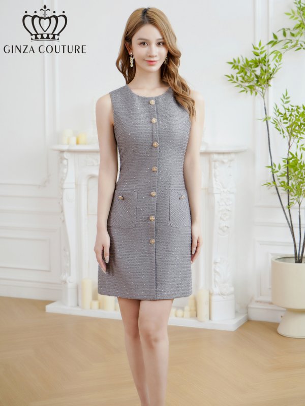 画像1: [送料無料][GINZA COUTURE]グレー・ネイビー・ワインレッド・ホワイト・ブラック・ツイード・スパンコール・ノースリーブ・ポケット・Aライン・ミニドレス・ワンピース[即日発送][大きいサイズあり] (1)