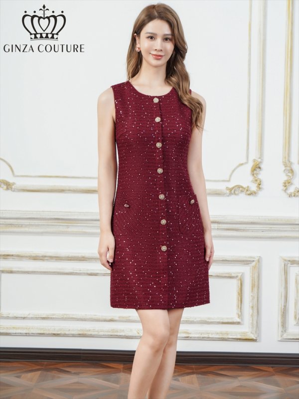 画像1: [送料無料][GINZA COUTURE]ワインレッド・ホワイト・ブラック・ネイビー・グレー・ツイード・スパンコール・ノースリーブ・ポケット・Aライン・ミニドレス・ワンピース[即日発送][大きいサイズあり] (1)