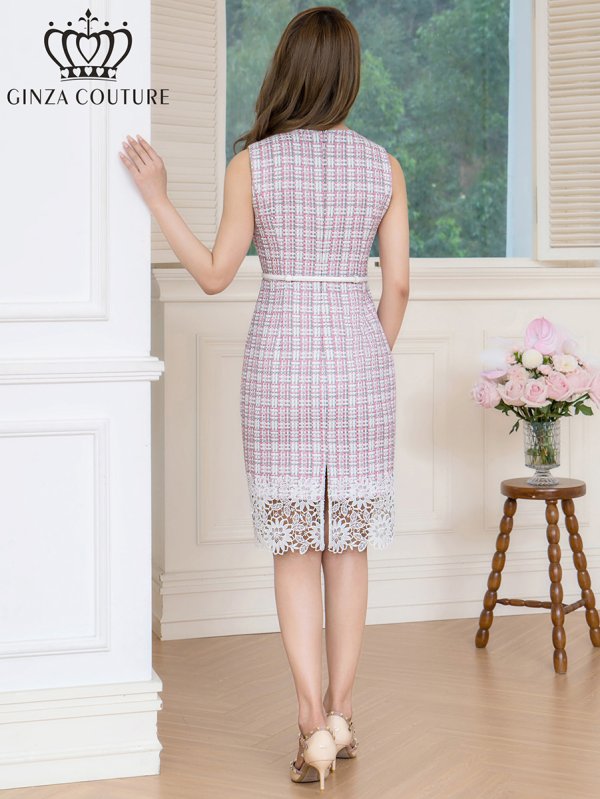 画像3: [送料無料][GINZA COUTURE]ホワイト×ピンク・ツイード・タイト・ノースリーブ・ベルト・レース・ミディアムドレス・ワンピース[即日発送][大きいサイズあり] (3)