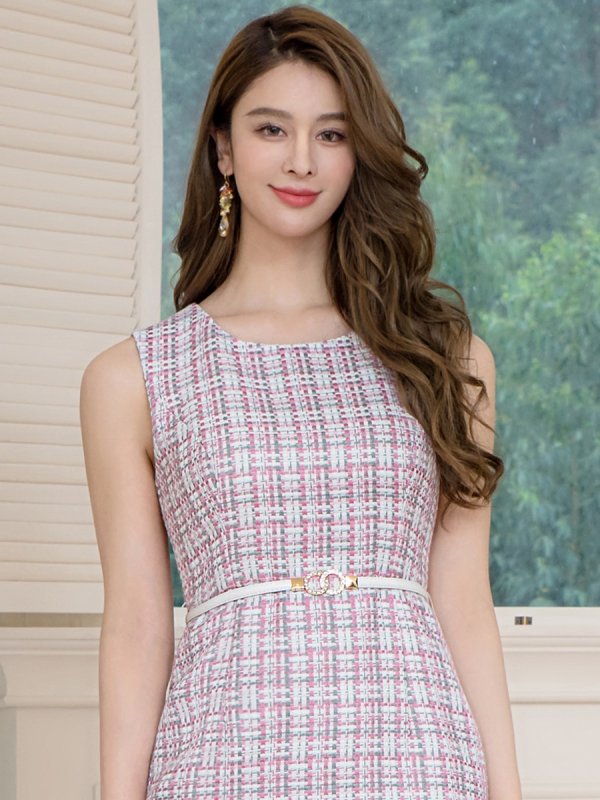 画像4: [送料無料][GINZA COUTURE]ホワイト×ピンク・ツイード・タイト・ノースリーブ・ベルト・レース・ミディアムドレス・ワンピース[即日発送][大きいサイズあり] (4)