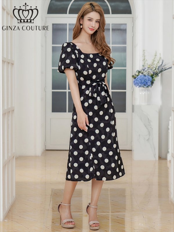 画像8: [送料無料][GINZA COUTURE]アイボリー×ブラック・ブラック×アイボリー・パフスリーブ・半袖・サテンジャガード・ドット・リボン・Aライン・ミディアムドレス・ワンピース[即日発送][大きいサイズあり] (8)