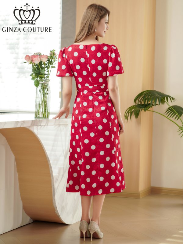 画像3: [送料無料][GINZA COUTURE]レッド×ホワイト・ブラック×アイボリー・アイボリー×ブラック・パフスリーブ・半袖・サテンジャガード・ドット・リボン・Aライン・ミディアムドレス・ワンピース[即日発送][大きいサイズあり] (3)