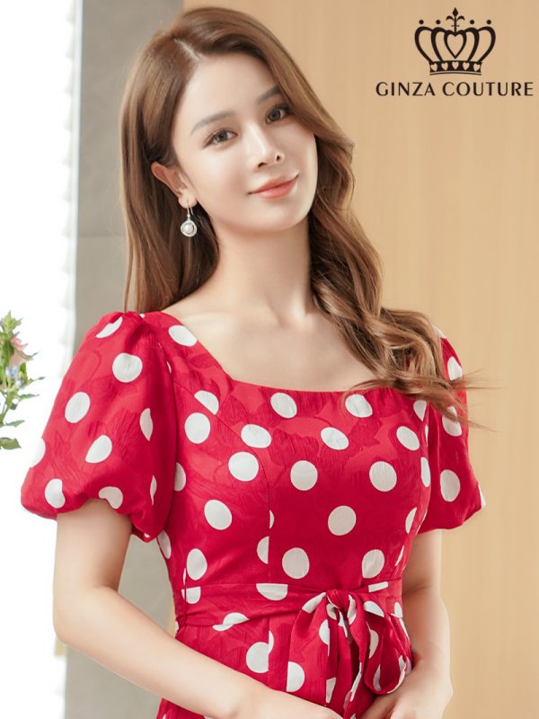 画像4: [送料無料][GINZA COUTURE]レッド×ホワイト・ブラック×アイボリー・アイボリー×ブラック・パフスリーブ・半袖・サテンジャガード・ドット・リボン・Aライン・ミディアムドレス・ワンピース[即日発送][大きいサイズあり] (4)