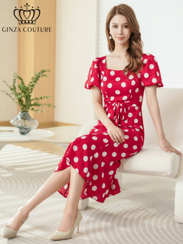 画像6: [送料無料][GINZA COUTURE]レッド×ホワイト・ブラック×アイボリー・アイボリー×ブラック・パフスリーブ・半袖・サテンジャガード・ドット・リボン・Aライン・ミディアムドレス・ワンピース[即日発送][大きいサイズあり] (6)