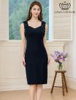 画像2: [送料無料][GINZA COUTURE]ホワイト・ネイビー・ワンカラー・異素材・シャーリング・ノースリーブ・シンプル・タイト・ミディアムドレス・ワンピース[即日発送][大きいサイズあり] (2)