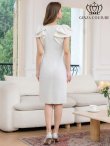 画像3: [送料無料][GINZA COUTURE]ホワイト・ボートネック・フリルスリーブ・リボン・タイト・スリット・ミディアムドレス・ワンピース[即日発送][大きいサイズあり] (3)