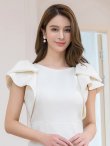 画像4: [送料無料][GINZA COUTURE]ホワイト・ボートネック・フリルスリーブ・リボン・タイト・スリット・ミディアムドレス・ワンピース[即日発送][大きいサイズあり] (4)