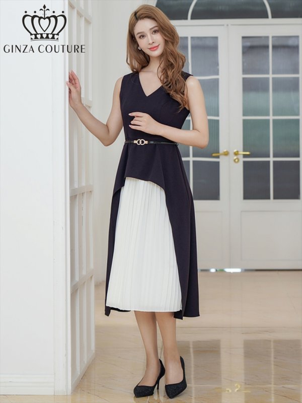 画像2: [送料無料][GINZA COUTURE]ブラック×ホワイト・ロイヤルブルー×ホワイト・バイカラー・ノースリーブ・Vネック・レイヤード・プリーツ・ベルト付き・Aライン・ミディアムドレス・ワンピース[即日発送][大きいサイズあり] (2)