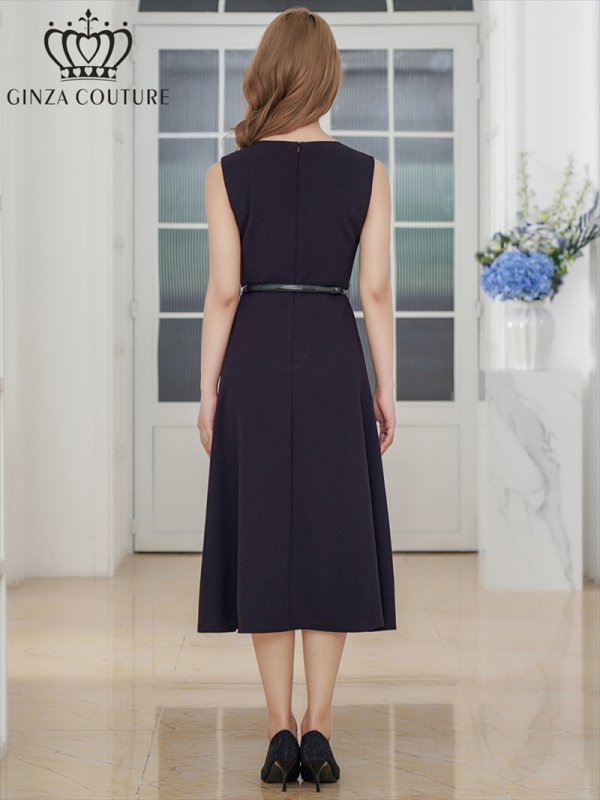 画像3: [送料無料][GINZA COUTURE]ブラック×ホワイト・ロイヤルブルー×ホワイト・バイカラー・ノースリーブ・Vネック・レイヤード・プリーツ・ベルト付き・Aライン・ミディアムドレス・ワンピース[即日発送][大きいサイズあり] (3)