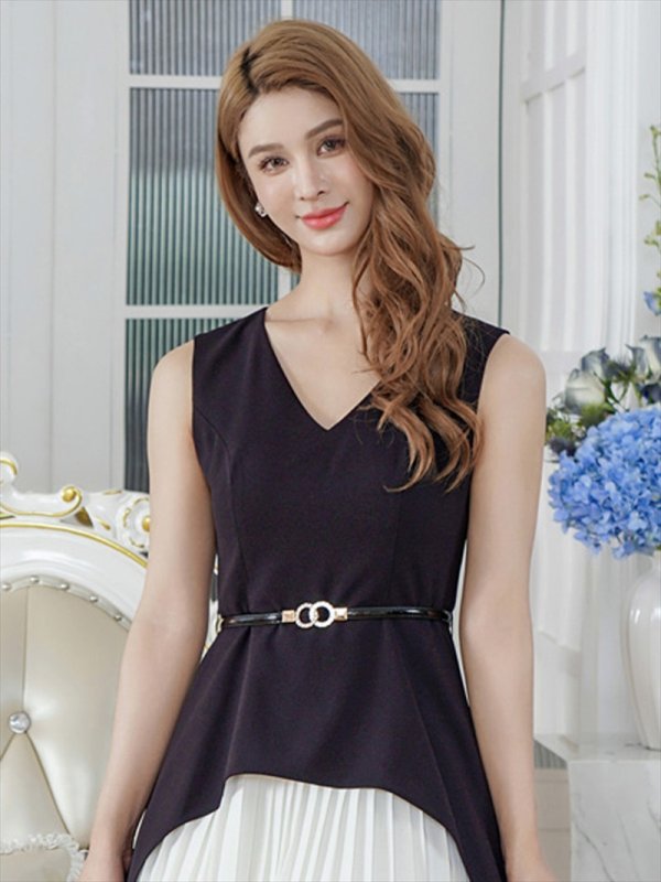 画像4: [送料無料][GINZA COUTURE]ブラック×ホワイト・ロイヤルブルー×ホワイト・バイカラー・ノースリーブ・Vネック・レイヤード・プリーツ・ベルト付き・Aライン・ミディアムドレス・ワンピース[即日発送][大きいサイズあり] (4)