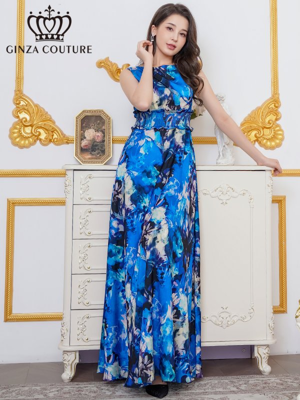 画像1: [送料無料][GINZA COUTURE]ブルー・パープル・イエロー・ピンク・ノースリーブ・シワ加工サテン・フラワー柄・花柄・プリント・ウエストリブ・Aライン・ロングドレス[即日発送][大きいサイズあり] (1)