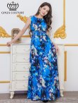 画像8: [送料無料][GINZA COUTURE]パープル・ブルー・イエロー・ピンク・ノースリーブ・シワ加工サテン・フラワー柄・花柄・プリント・ウエストリブ・Aライン・ロングドレス[即日発送][大きいサイズあり] (8)