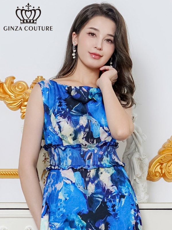 画像10: [送料無料][GINZA COUTURE]パープル・ブルー・イエロー・ピンク・シワ加工サテン・フラワー柄・花柄・プリント・ノースリーブ・ウエストリブ・Aライン・ロングドレス[即日発送][大きいサイズあり] (10)