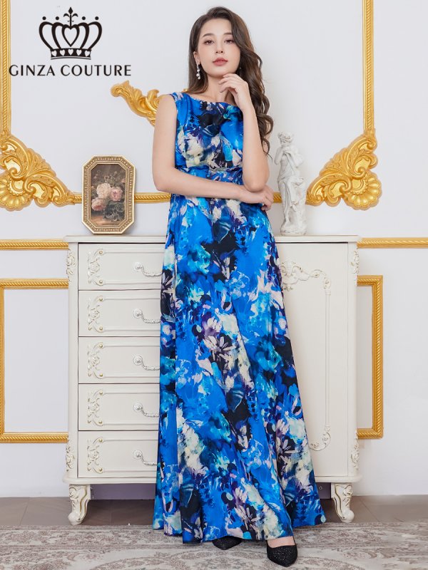 画像11: [送料無料][GINZA COUTURE]パープル・ブルー・イエロー・ピンク・シワ加工サテン・フラワー柄・花柄・プリント・ノースリーブ・ウエストリブ・Aライン・ロングドレス[即日発送][大きいサイズあり] (11)