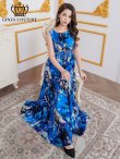 画像12: [送料無料][GINZA COUTURE]パープル・ブルー・イエロー・ピンク・ノースリーブ・シワ加工サテン・フラワー柄・花柄・プリント・ウエストリブ・Aライン・ロングドレス[即日発送][大きいサイズあり] (12)