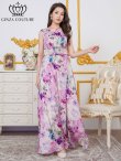 画像1: [送料無料][GINZA COUTURE]パープル・ブルー・イエロー・ピンク・ノースリーブ・シワ加工サテン・フラワー柄・花柄・プリント・ウエストリブ・Aライン・ロングドレス[即日発送][大きいサイズあり] (1)