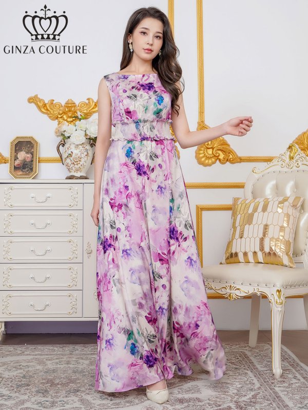 画像1: [送料無料][GINZA COUTURE]パープル・ブルー・イエロー・ピンク・ノースリーブ・シワ加工サテン・フラワー柄・花柄・プリント・ウエストリブ・Aライン・ロングドレス[即日発送][大きいサイズあり] (1)