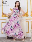 画像2: [送料無料][GINZA COUTURE]パープル・ブルー・イエロー・ピンク・ノースリーブ・シワ加工サテン・フラワー柄・花柄・プリント・ウエストリブ・Aライン・ロングドレス[即日発送][大きいサイズあり] (2)