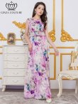 画像5: [送料無料][GINZA COUTURE]パープル・ブルー・イエロー・ピンク・ノースリーブ・シワ加工サテン・フラワー柄・花柄・プリント・ウエストリブ・Aライン・ロングドレス[即日発送][大きいサイズあり] (5)