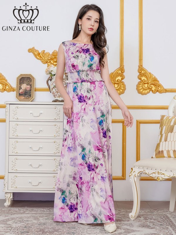 画像5: [送料無料][GINZA COUTURE]パープル・ブルー・イエロー・ピンク・シワ加工サテン・フラワー柄・花柄・プリント・ノースリーブ・ウエストリブ・Aライン・ロングドレス[即日発送][大きいサイズあり] (5)